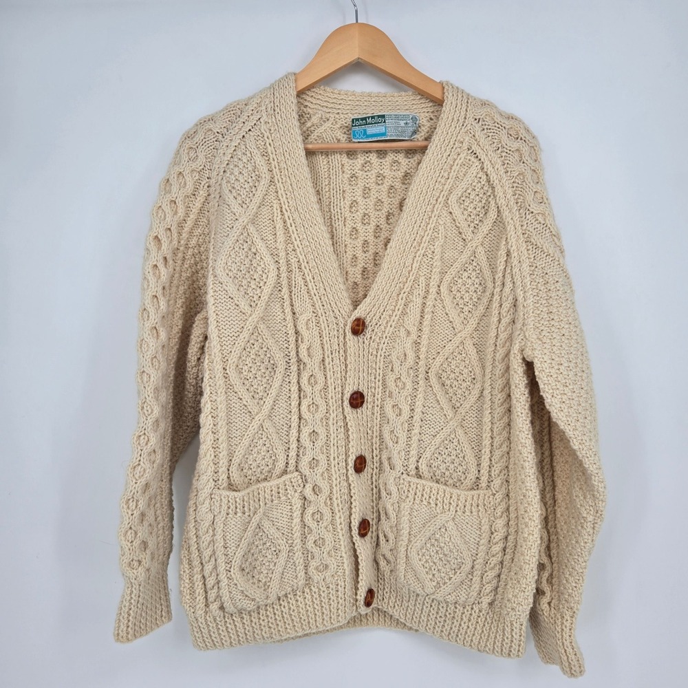 Vintage‎ Mens L Aran Handknit Wool Cardigan Sweater Cream Preppy Academia Cozy